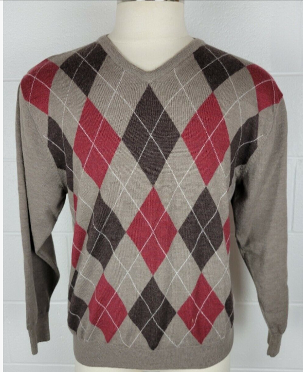 Pendleton Brown Red Argyle Merino Wool Men's V Neck Sweater XXL